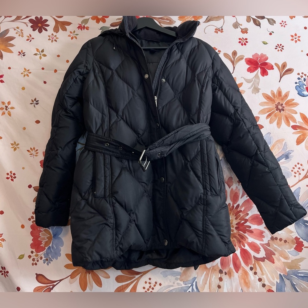 Lands End Womens 2/4 Black Silver Belted Snap Full Zip Down Hooded Puffer Jacket